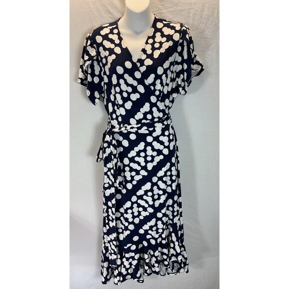 CAbi Dresses & Skirts - Cabi Perfect Wrap Dress Midi L Polka Dot Navy Light Casual Office